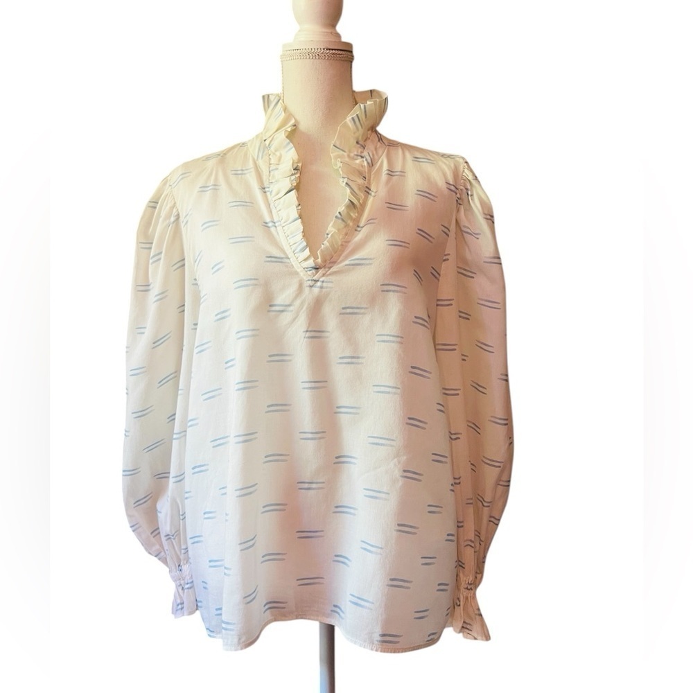 De Loreta Women's White and Blue Ruffle Long Sleeve Blouse Size Small